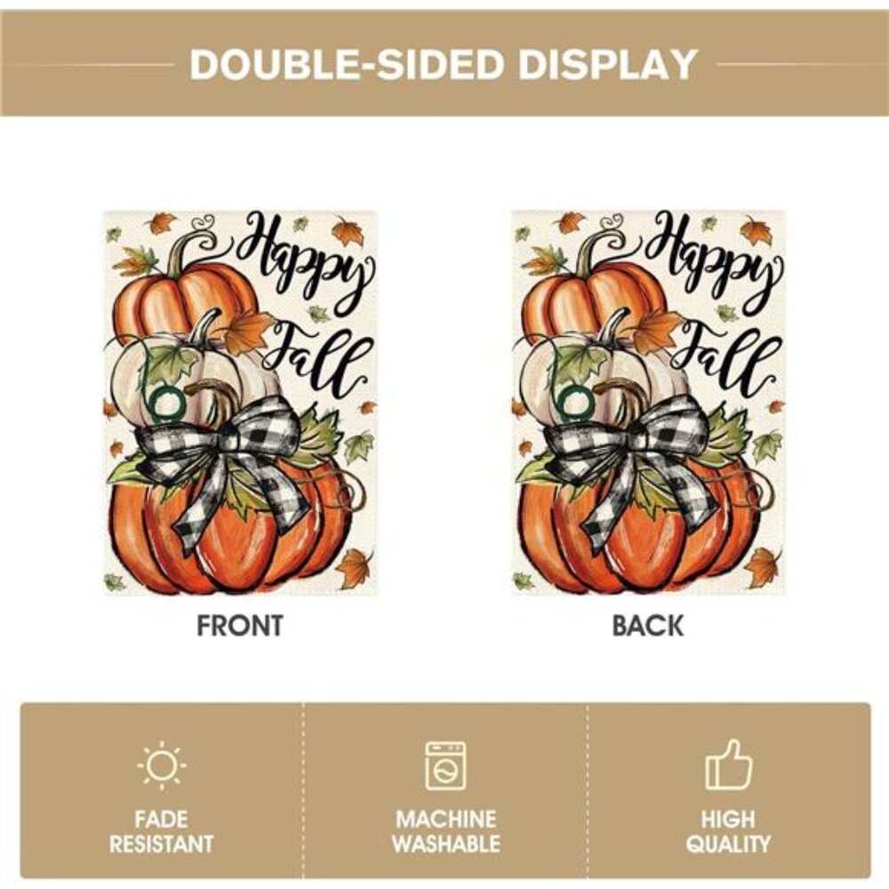 Happy Fall Garden Flag 12x18 Inch Double Sided Outside, Pumpkin - Picture 6 of 7